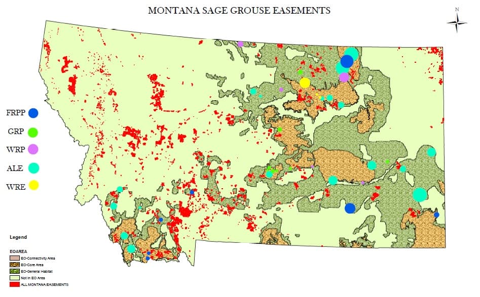 This map shows all existing conservation easements in Montana (in red). The NRCS-funded easements appear as dots (dot size based on the number of easements in that area).