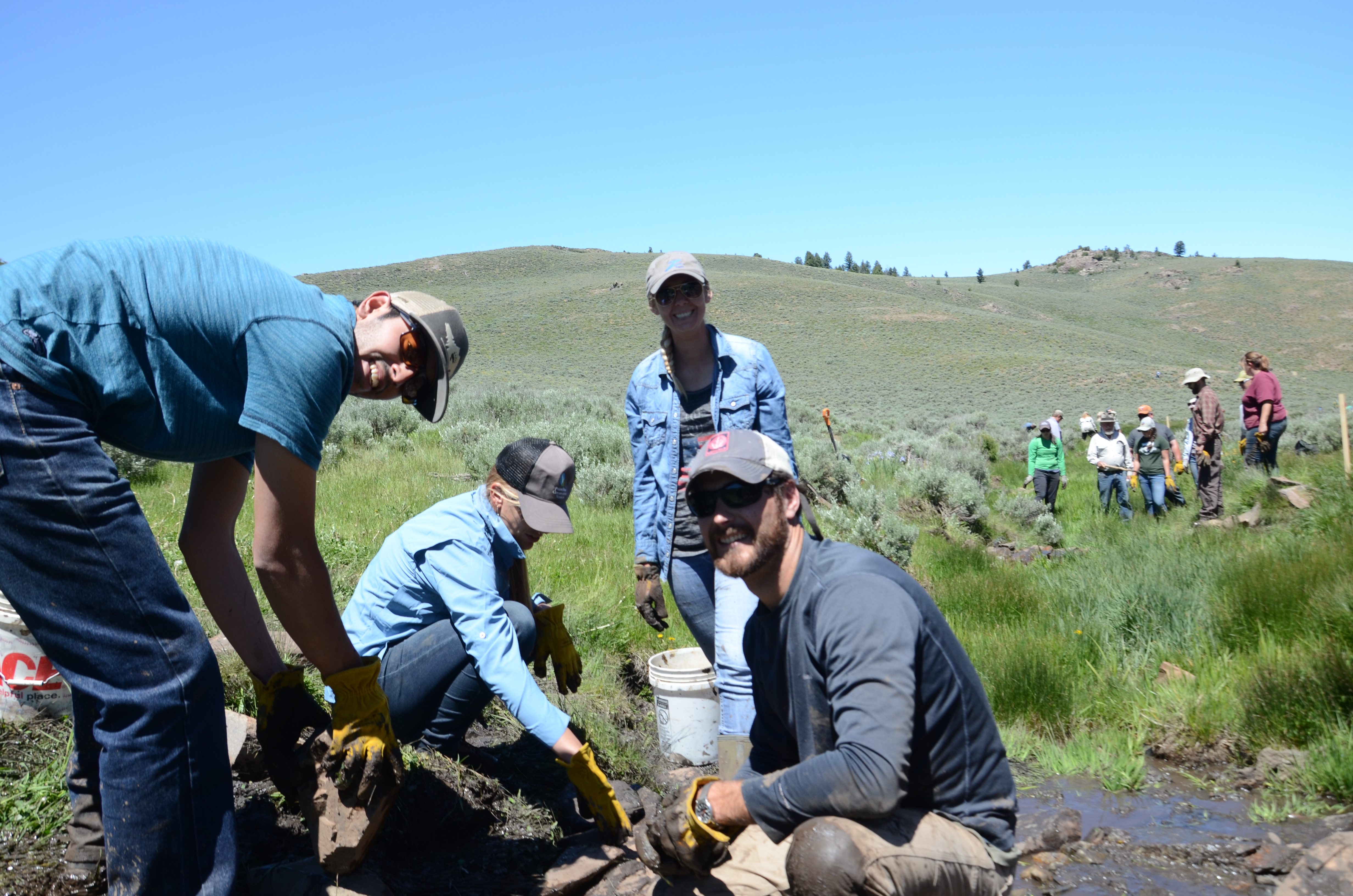 Getting dirty is fun in Gunnison! Learning how to build rock structures in wet meadows means lots of mud and heavy lifting, but SGI workshop participants had plenty to smile about as they worked together to fix streams. Photo: Brianna Randall
